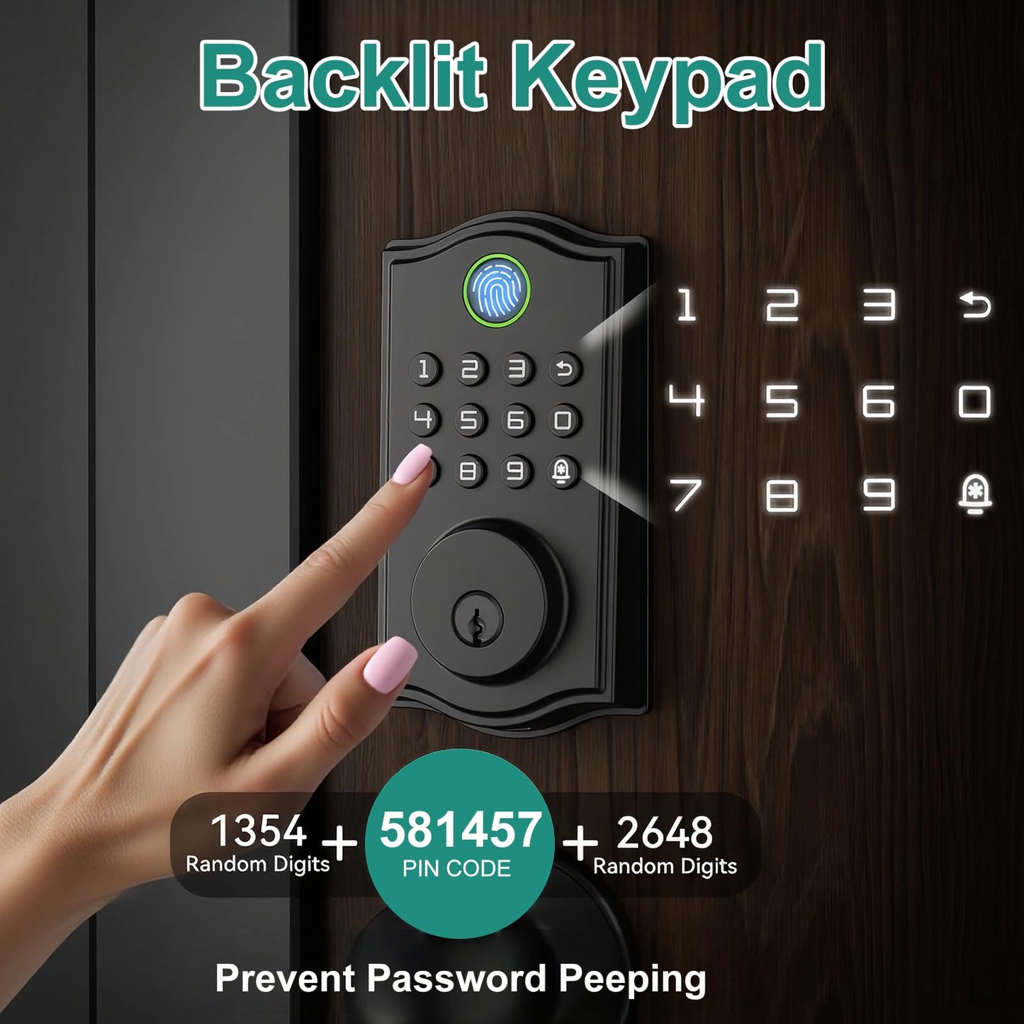 REETOMETAL Smart Front Door Lockset, Keyless Entry Deadbolt with Handle, Fingerprint/App/Code/Key Unlock, Anti-Peeping Keypad, Auto-Lock, Easy Install