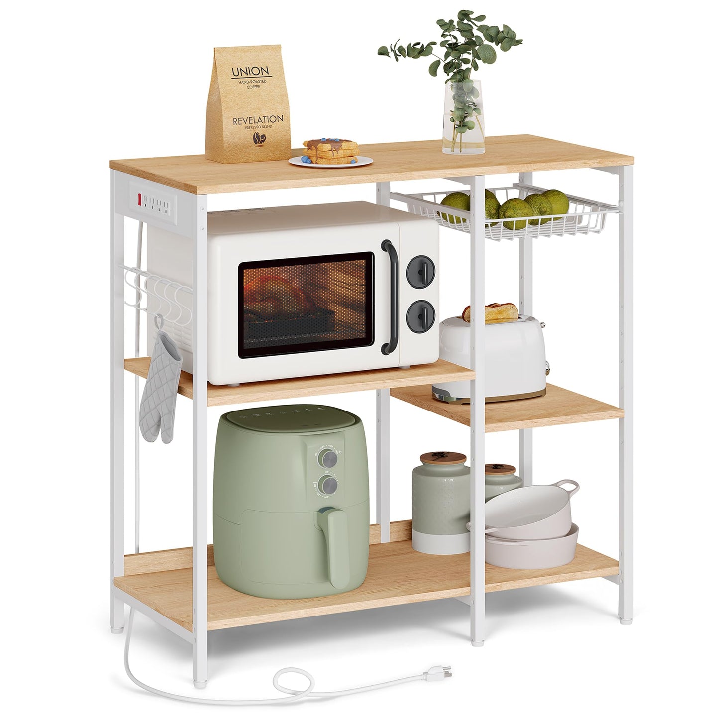 VASAGLE Baker's Rack, Coffee Bar Stand with Charging Station, 35.6 Inches Tall, Storage Shelves, Pull-Out Wire Basket, Table for Microwave, Kitchen, Oak Beige and Ink Black UKKS036Y09