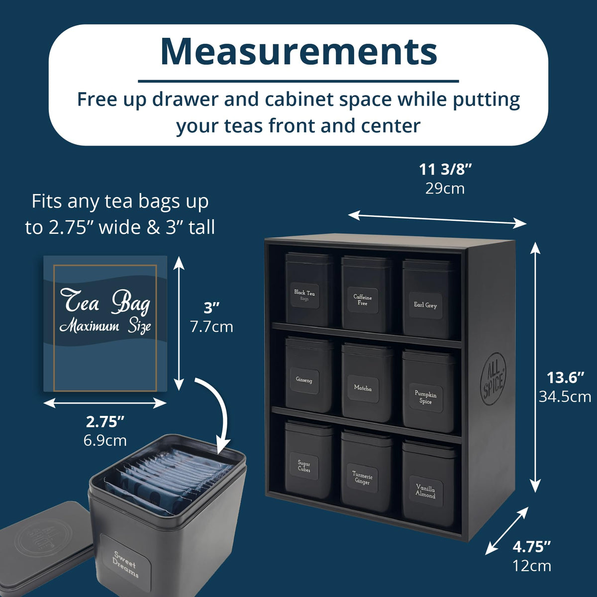 AllSpice Tea Organizer Rack with 9 Tins & 160 Magnetic Labels – Perfect for Bagged & Loose Leaf Tea Organization - Black