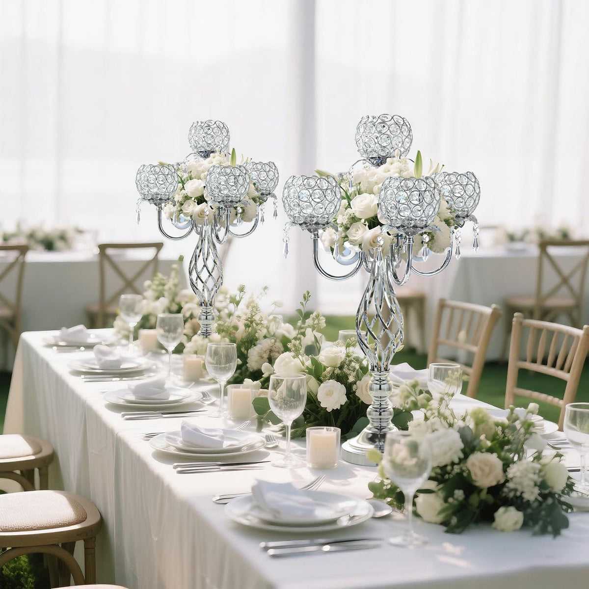 Kehail 5-Arm Crystal Candelabra Centerpiece 23.2" Tall - Elegant Candle Holder Stand with Crystal Bowl, Chic Table Decor for Weddings, Parties, Anniversary & Home Decoration (2, Silver)