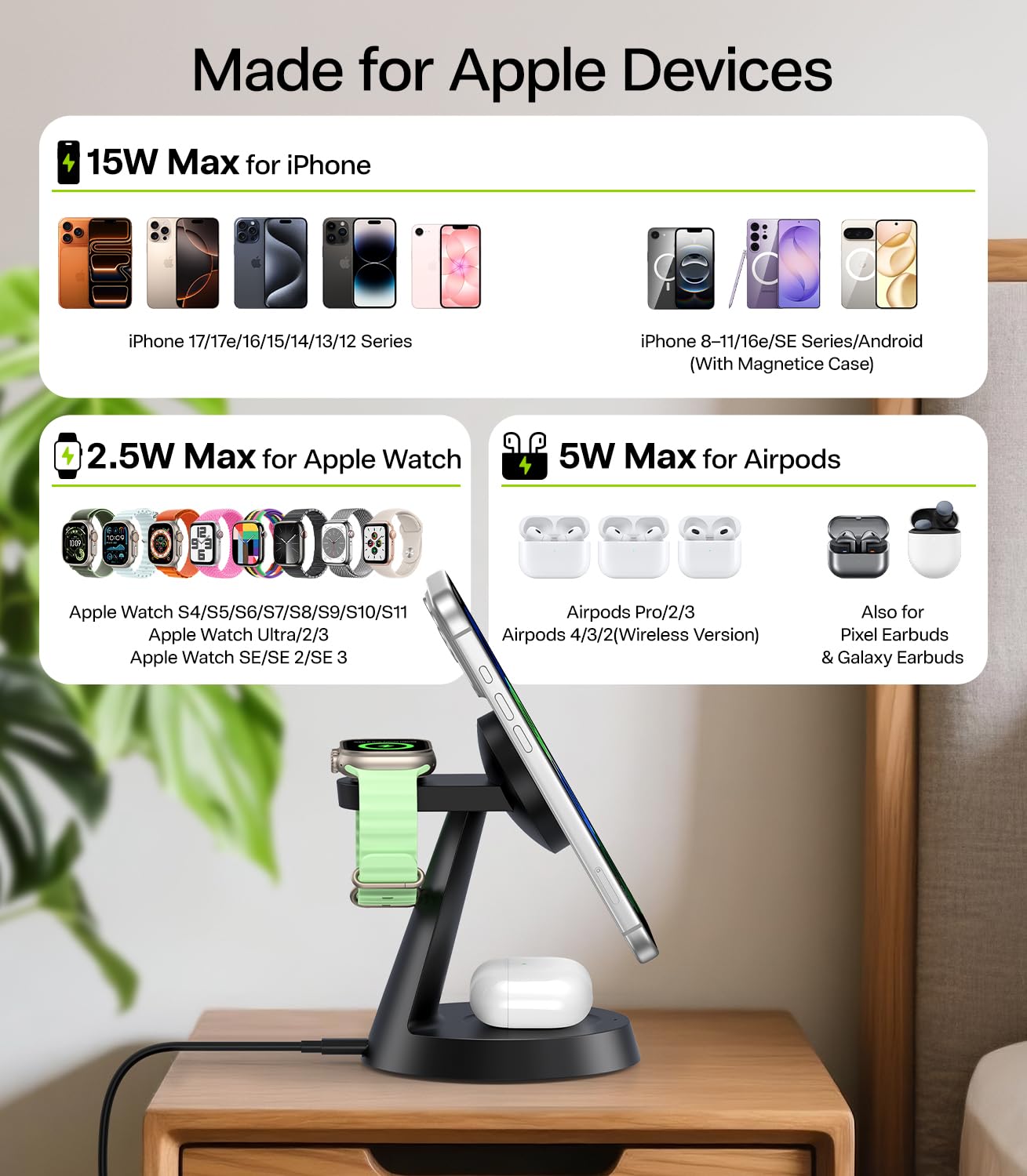 3 in 1 Charging Station for Apple Devices, 15W Fast Wireless Charger Compatible with MagSafe Charging Stand for iPhone 17 16 15 14 13 12 Series, Watch Charger Stand for Apple Watches & Airpods