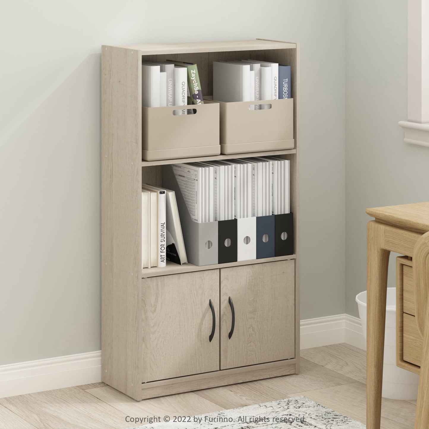 Furinno Gruen 3-Tier Open Shelf Bookcase with 2 Doors Storage Cabinet, Metropolitan Pine