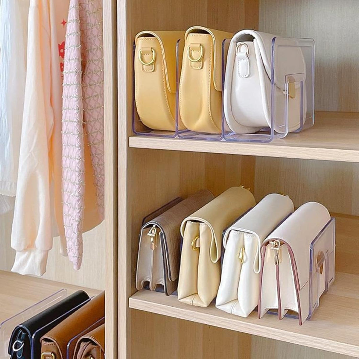 YAGELI Clear Acrylic Purse Organizer for Closet, 3-4 Section Desk File Sorter, 2.95" Wide Slots for Clutches, Handbags, Binders & Folders, Sturdy Stackable Bookshelf Organizer, 4-Pack (3 Sections)