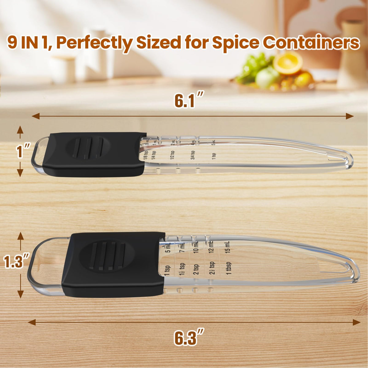Professional Adjustable Measuring Spoons Set of 2#2258, Fits in Spice Jars, Teaspoon Measuring Spoons 9 in 1 for Dry and Liquid, BPA- free & Dishwasher Safe