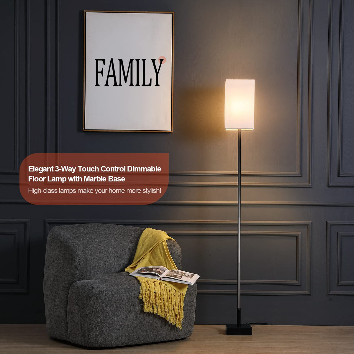 FIGDIFOR Floor Lamp, 3-Way Touch Control Dimmable Standing Lamp with Sturdy Marble Base, Brushed Nickel Touch Floor Lamp Tall Lamp with Square Linen Shade for Living Room, Bedroom, LED Bulb Included