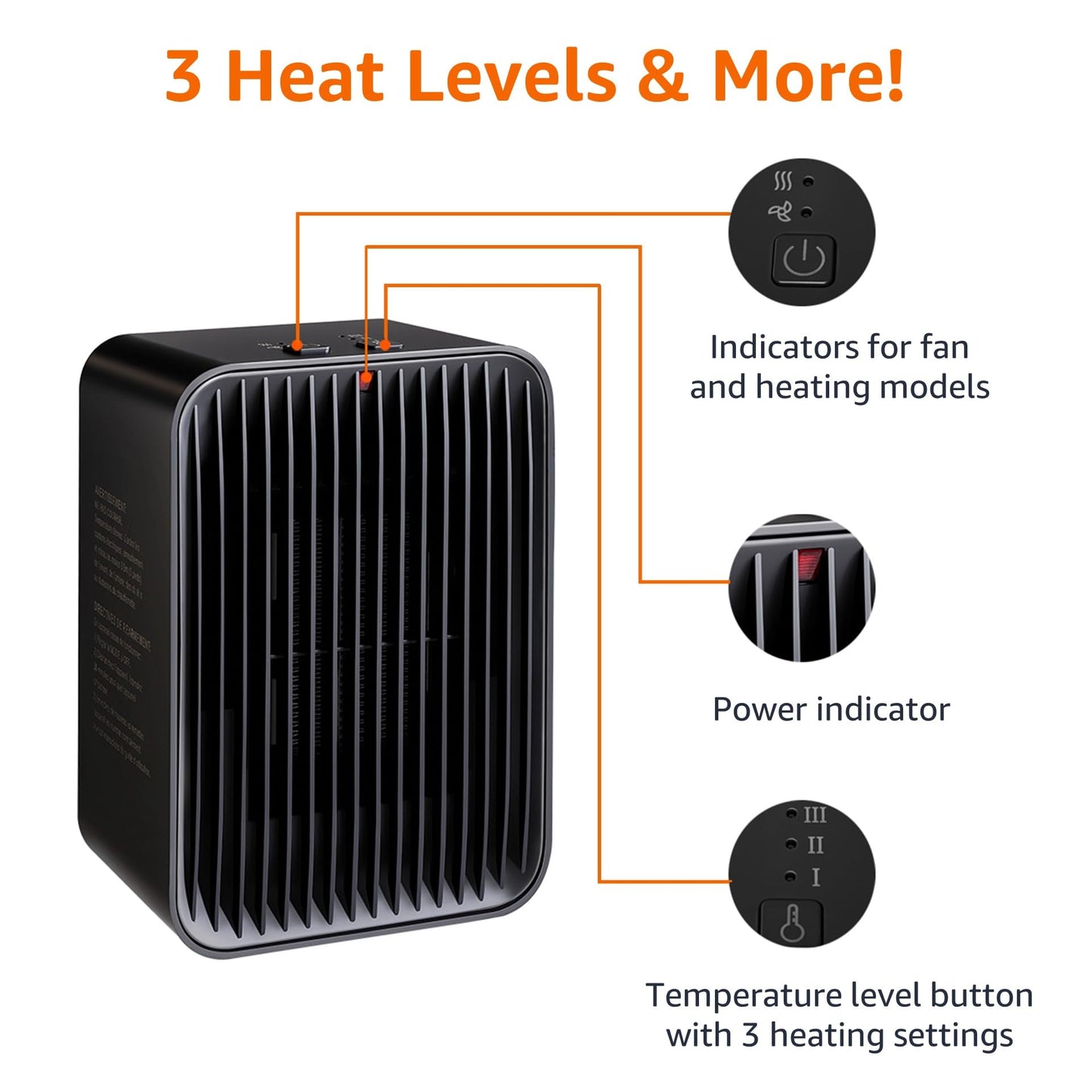 Amazon Basics Portable Ceramic Space Heater, Small Electric Heater for Indoor Use With 3 Heat Settings, Temperature Control, Lightweight (1.7 LBS), 520 w, Black, 5.1"L x 3.5"W x 7"H