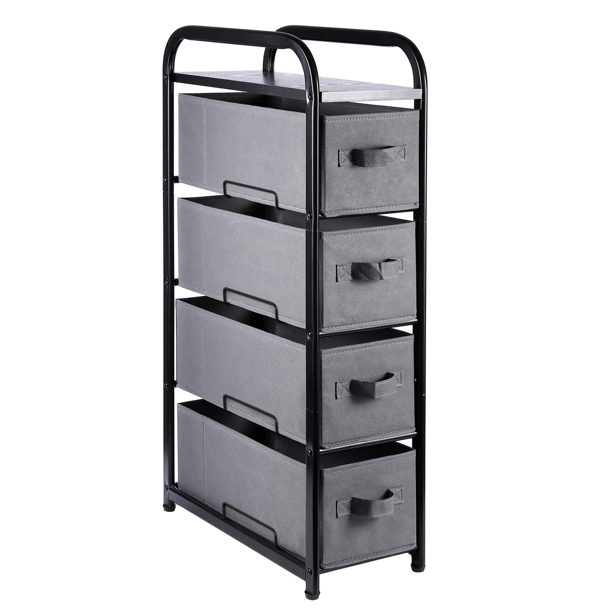 MAX Houser 4 Drawer Narrow Dresser Fabric Storage Tower Vertical Slim Storage Chest Organizer Nightstand Side/End Table Small Standing Organizer Removable Drawers Wood Top for Bedroom, Bathroom（Grey
