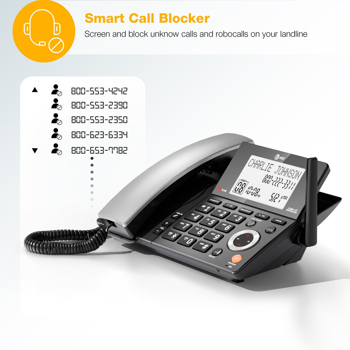 AT&T CL84218 DECT 6.0 Corded/Cordless Phone System with Smart Call Blocker, Answering Machine & 2 Handsets Long Range, Big Buttons for Seniors, Charcoal Black