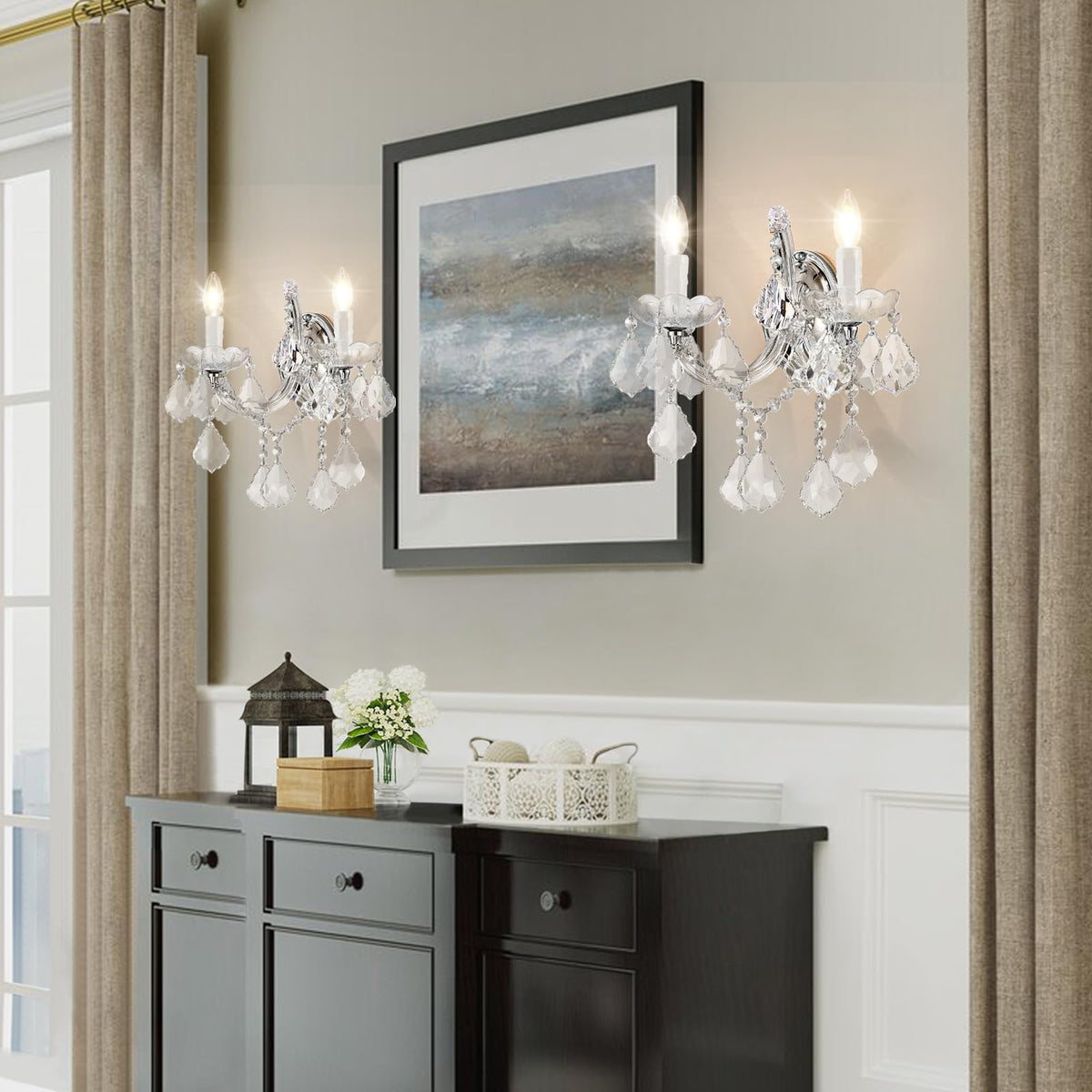 Crystal Wall Sconce Lighting, 2-Light Modern Crystal Wall Light Fixture Bathroom Maria Theresa Wall Lamp Light Fixtures Chrome Wall Sconce Light Wall Mounted Lamp for Living Room,Bedroom,Indoor
