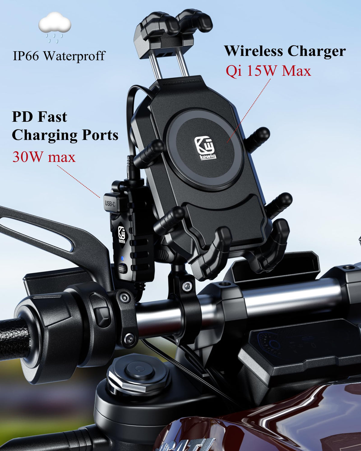 BRCOVAN Motorcycle Phone Mount Holder with Qi 15W Wireless Charger & 30W PD/USB-C Fast Charging Port, Anti-Theft Handlebar Cellphone Cradle with Vibration Dampener, Adjustable for 5.4-7.2'' Smartphone