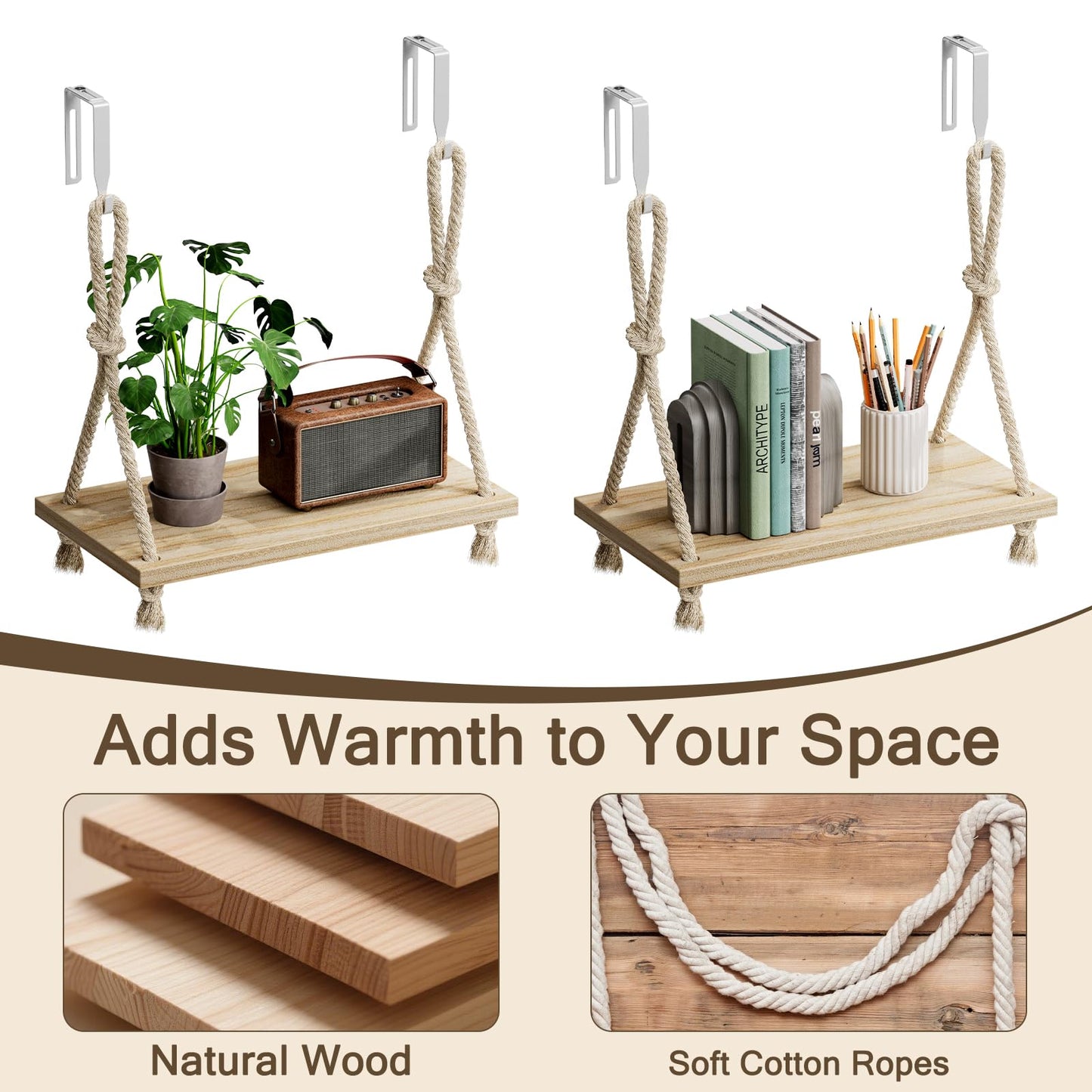 2 Pack Fabric Wall Cubicle Shelf, 11.8" Wooden Hanging Cubicle Shelf Organizer with Hooks, Dual Mounting Options, Cotton Rope Storage Shelf, No-Drill Boho Style for Office Cubicles & Desk Decor