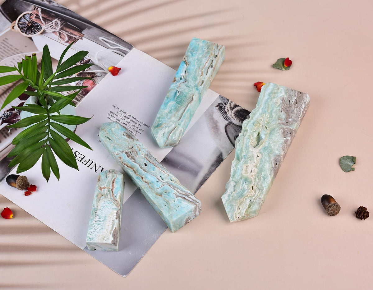 AMOYSTONE Healing Crystal Tower Wands Hemimorphite Large Obelisk for Home Décor Crystal Grid Therapy 1.3-1.7 LBS