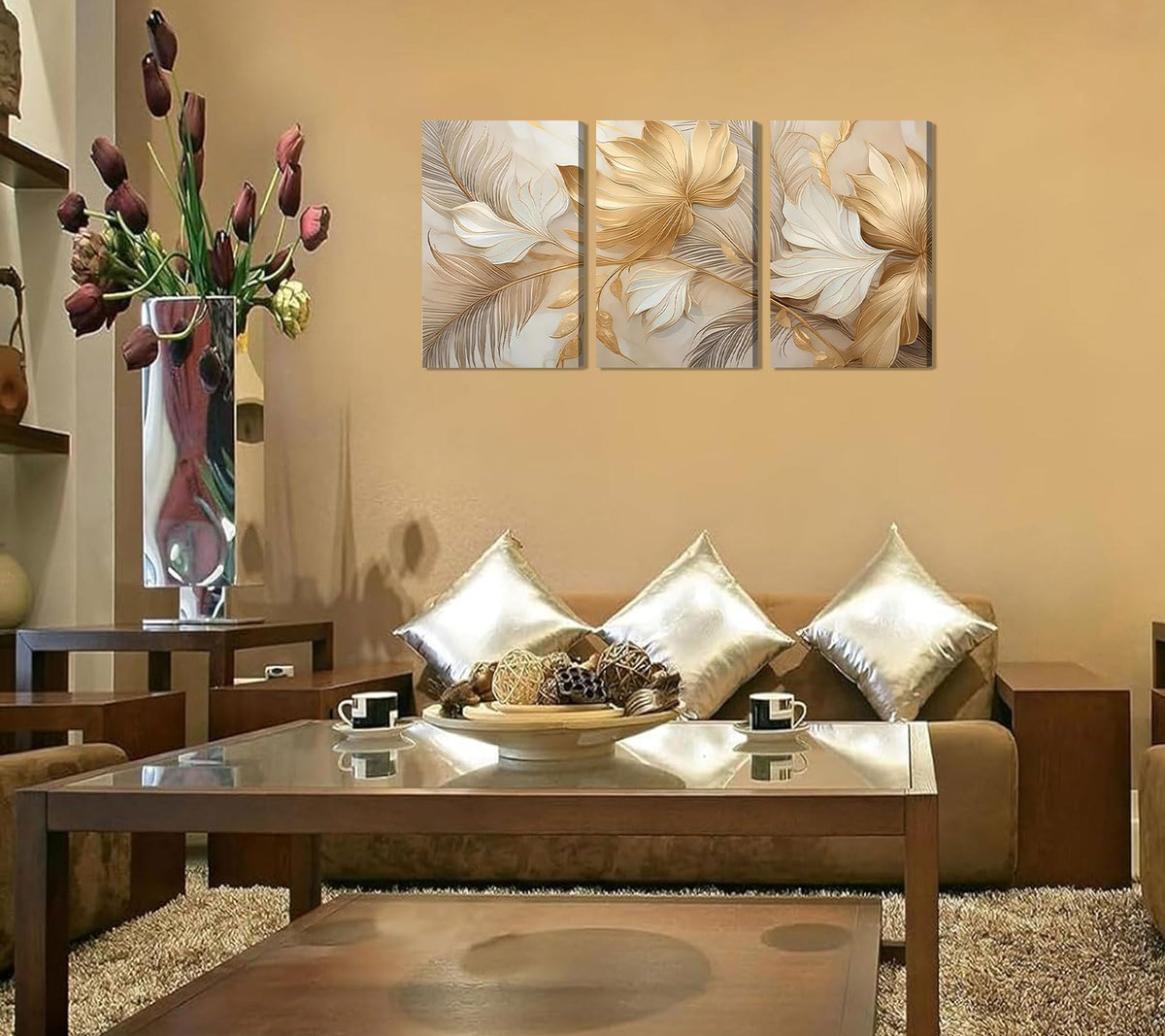 Modern Abstract Gold Botanical Canvas Wall Art Fashion Plants Wall Decor Pictures Leaf Light Luxury Poster Prints Flowers Painting Artwork for Living room Office Decoration 12x16in Frame