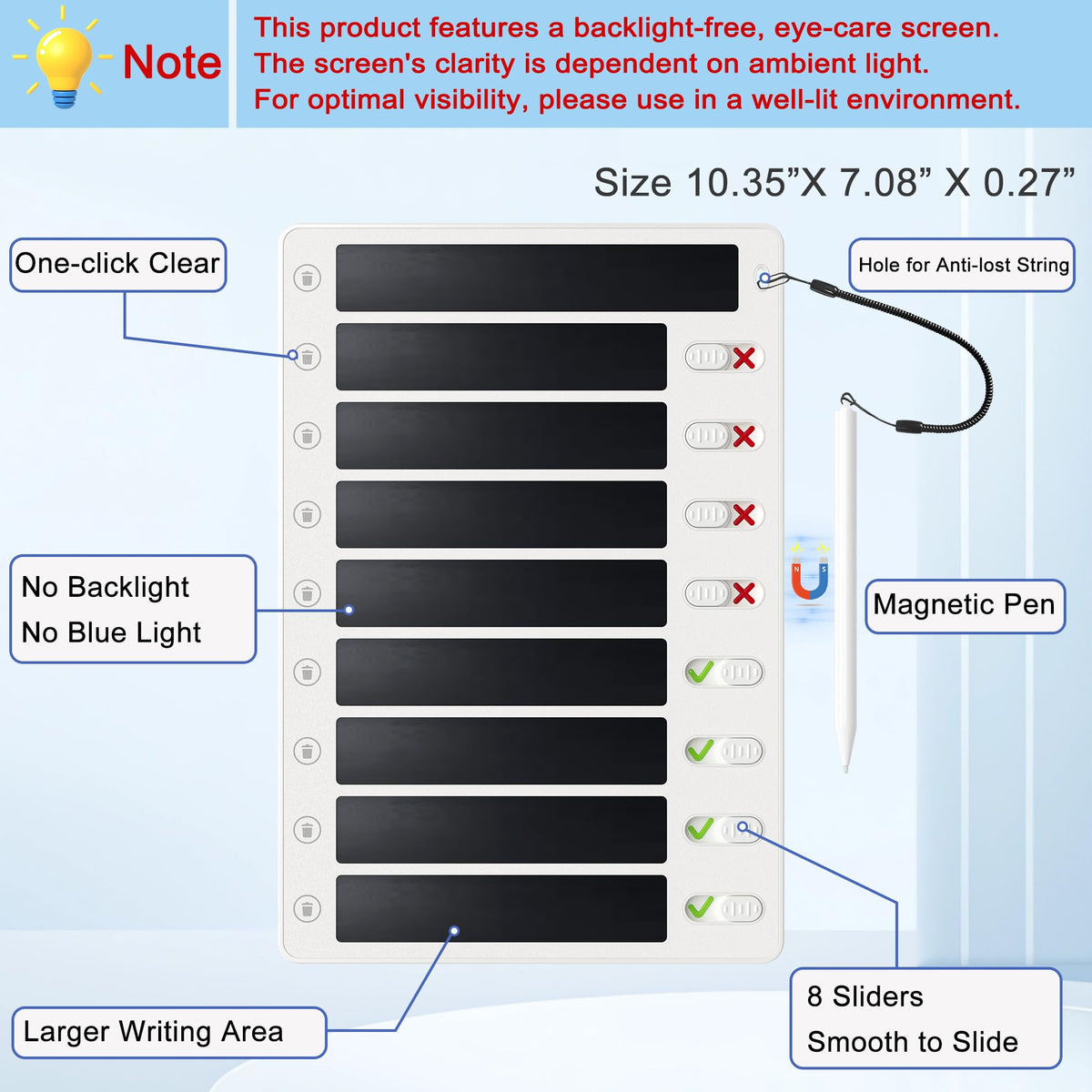 Autonomier Upgrade 1Pack LCD Writing Tablet Magnetic Chore Chart, to Do List ADHD Tool, 10.3"X7.1" One-Click Clear Digital Rewritable Board for Fridge with 8 Sliders