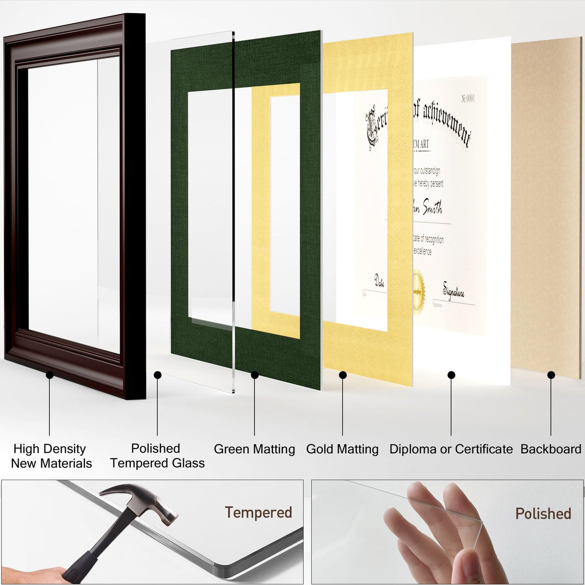 Yaetm 11x14 Diploma Frame, Certificate Frame with Tempered Glass, Display 8.5x11 Document with Dark Green Over Gold Acid-free Mat or 11 x 14 without Mat, Wide Molding (Single, Brown/Green)