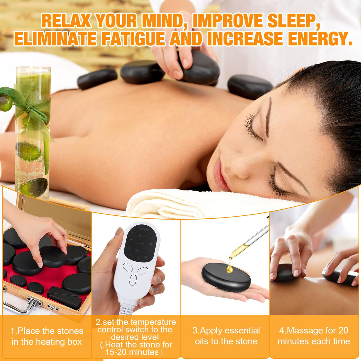 Yunsailing 18 Pcs Hot Stones Massage Set with Electric Heater Box 110v Basalt Massage Rock Kit for Professional Home Spa Warming Relaxing Relief, Constant 50°c (122°f)(Adjustable Temperature Wood Box)