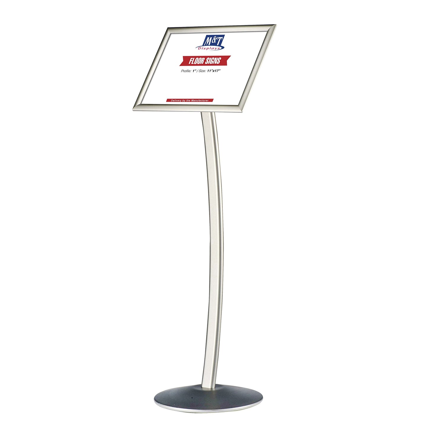 M&T Displays Curved Menu Board, 11x17 inch Silver Pedestal Sign Holder Floor Standing Aluminum Front Loading Easy Open Poster Message Advertisement Holder for Restaurant Cafe Hotel