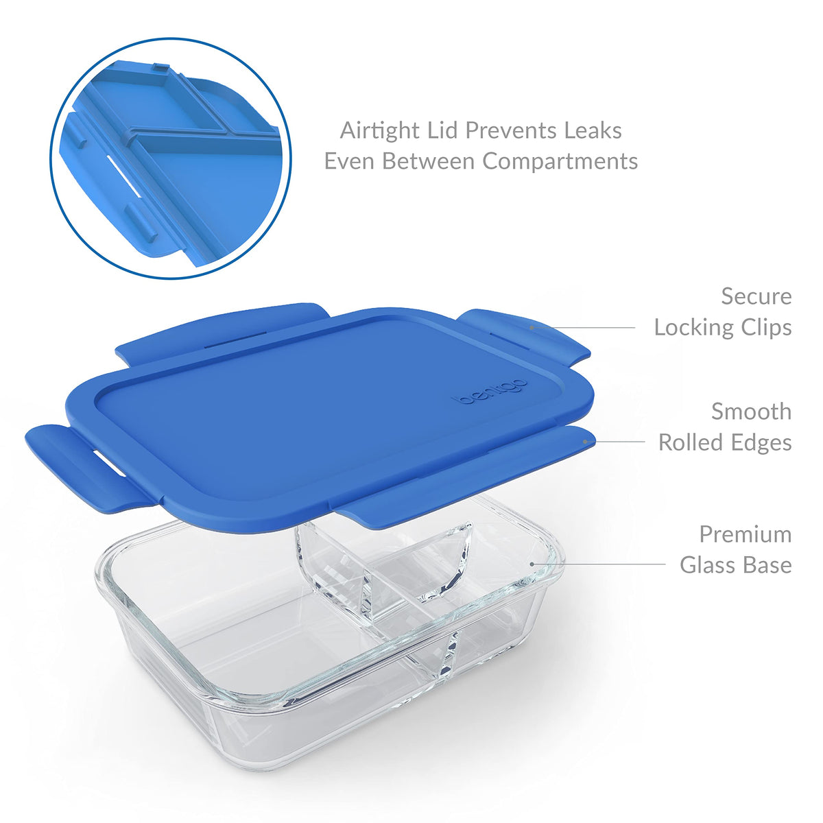 Bentgo Glass Lunch Box - Leak-Proof Bento-Style Food Container with Airtight Lid and Divided 3-Compartment Design - 5 Cup Capacity for Meal Prepping, and Portion-Controlled Meals for Adults (Blue)