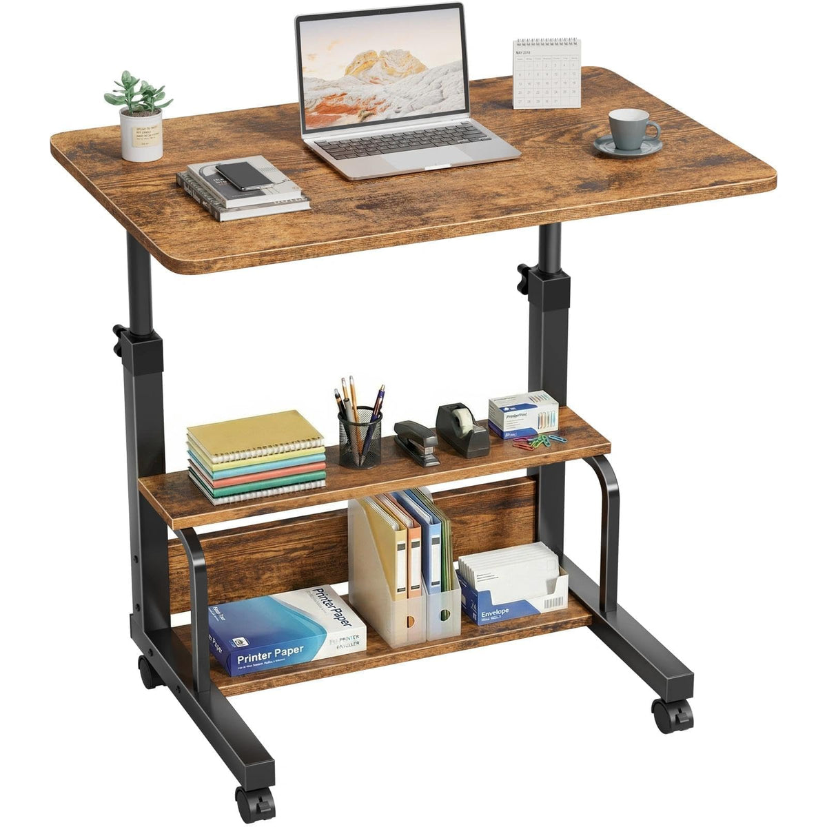 WINAZ C Shaped Rolling Laptop Desk - 32" Rustic Brown Mobile Portable Small Desk with Wheels for Small Spaces, Height Adjustable Overbed Table with 2-Tier Storage Shelves