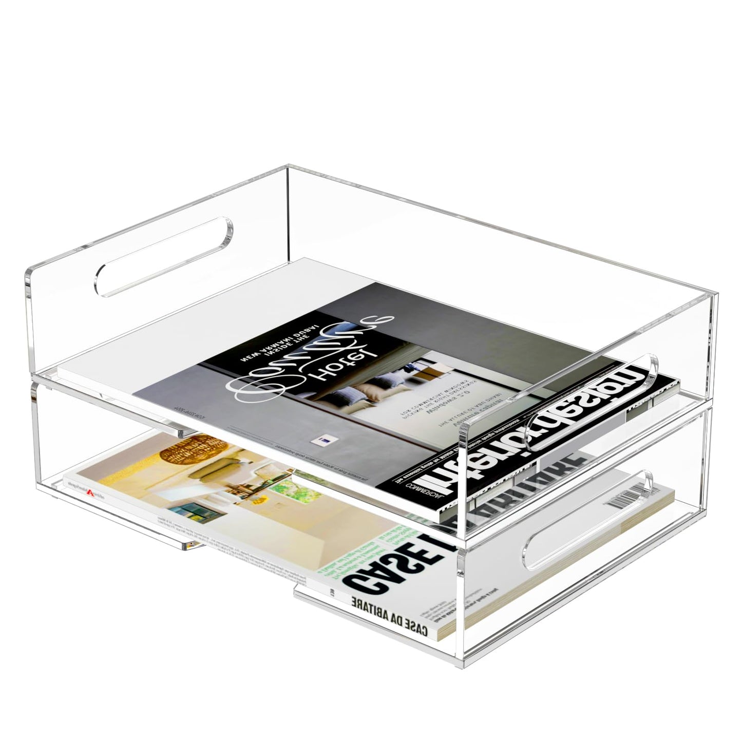 HIIMIEI Acrylic Paper Tray 2 Pack Clear Letter Tray Desk Stackable Organizer for School, Home, Office - Horizontal