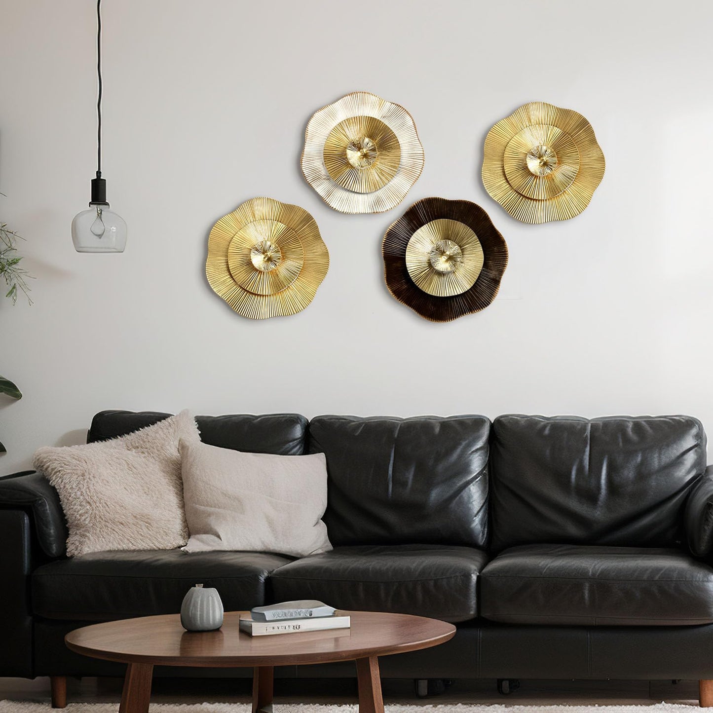 Shimeyao 4 Pcs 12 Inch Gold Wall Decor Metal Flower Plate Art Hanging Wall Decorations Modern Metai Decorations for Home Living Room Office Bedroom Bathroom Floral Sculpture