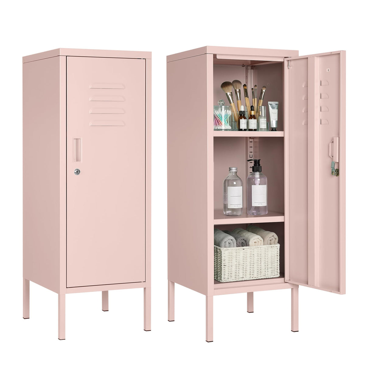 Lockable Metal Locker Cabinet, 39''h Metal Storage Cabinet with Lock, Adjustable Shelf & Ventilation, Steel Locker for Gym, School, Office, Home, Garage Pink