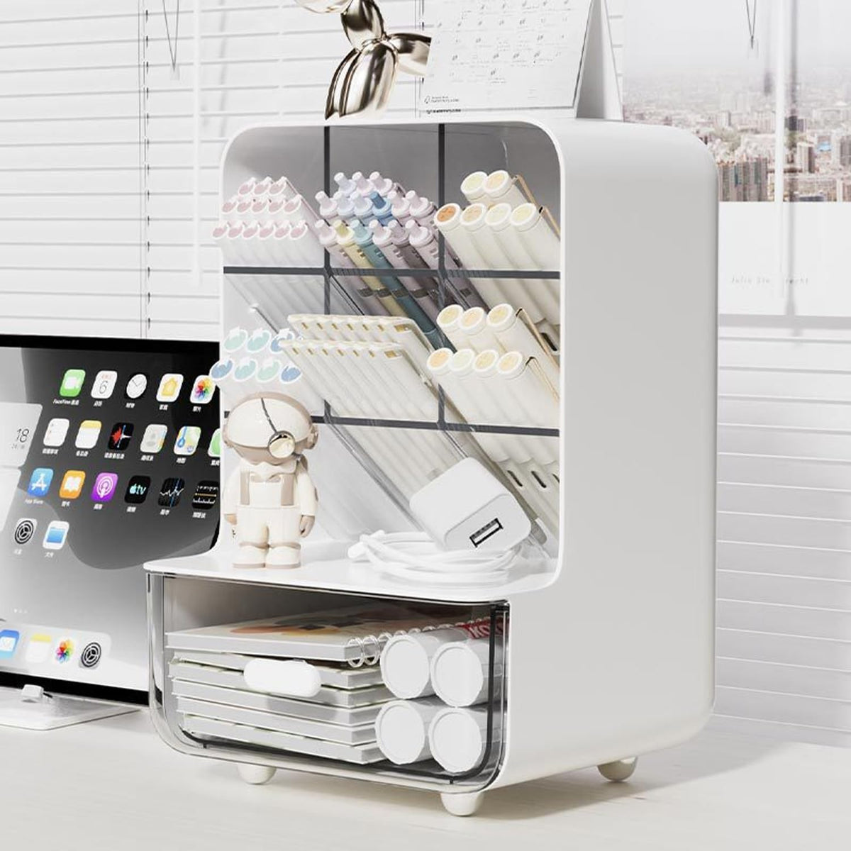 Pen Organizer for Desk, Desk Organizer with Drawer, Multi-Functional Pencil Holder with 6 Compartments and 1 Drawer Organization Storage Accessories for Office Home School Workspace (White)