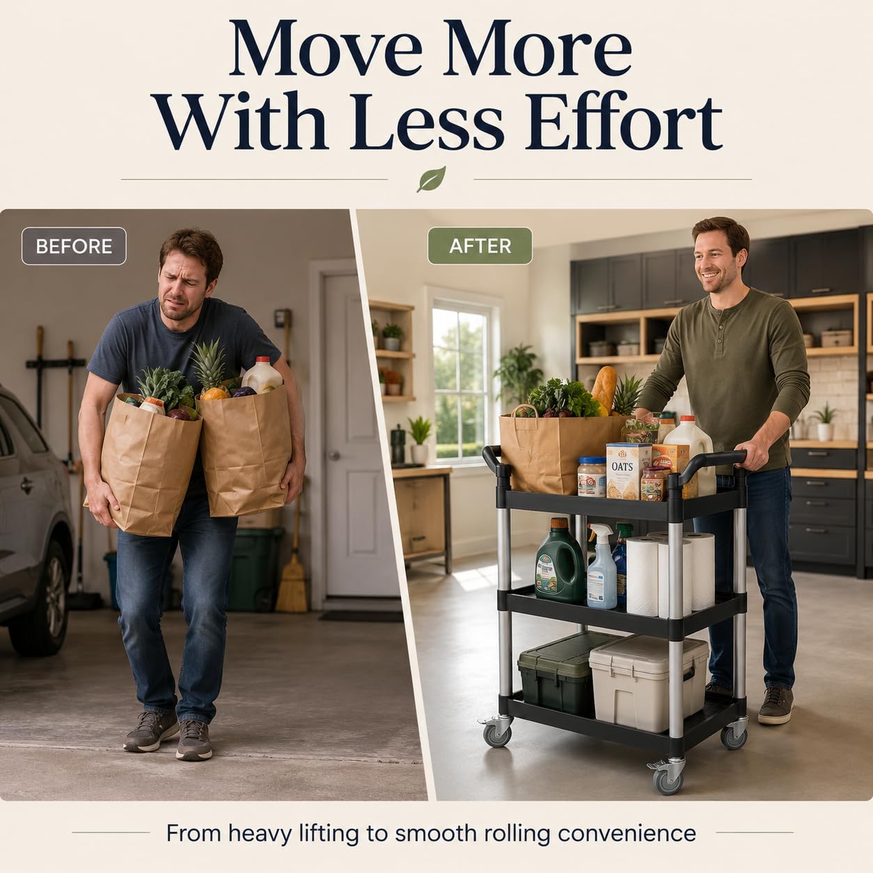 Liboocare 3-Tier Rolling Utility Cart with 2 Locking Brakes, 520 Lbs Heavy Duty 31.5"x15.7"x40.6" Commercial Service Cart, Tangle-Free Silent Wheels for Home, Office, Restaurant, Warehouse, Kitchen