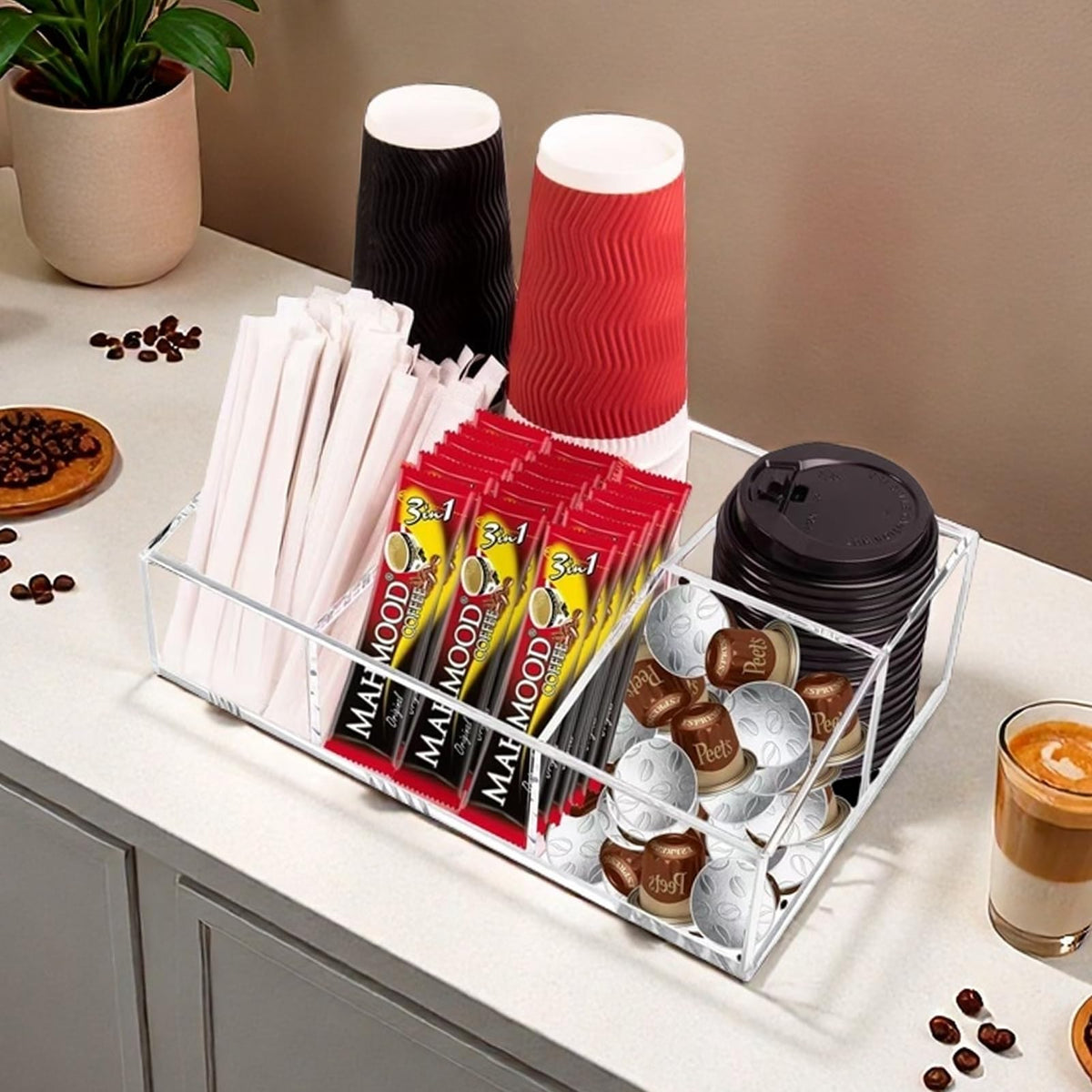 Goindy Coffee Station Organizer for Countertop - Clear Acrylic Coffee Bar Accessories and Organizer with Removable Dividers for Pods Condiment Syrup Tea Cups Stirrers Tea Bag - Farmhouse Table Decor