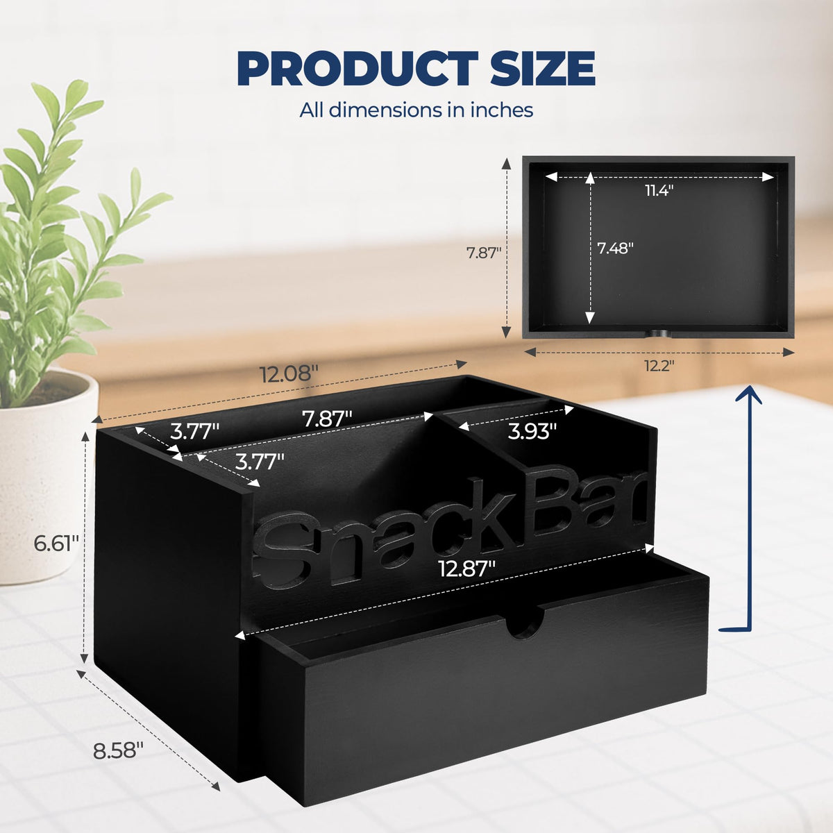ADDFIT HOUSE Snack Bar Organizer – Black 3 Compartment Station with Drawer, Countertop Pantry Organizer for Kitchen, Office Food Holder, Candy Storage Bin, Display Stand, Cabinet Tray & Shelf