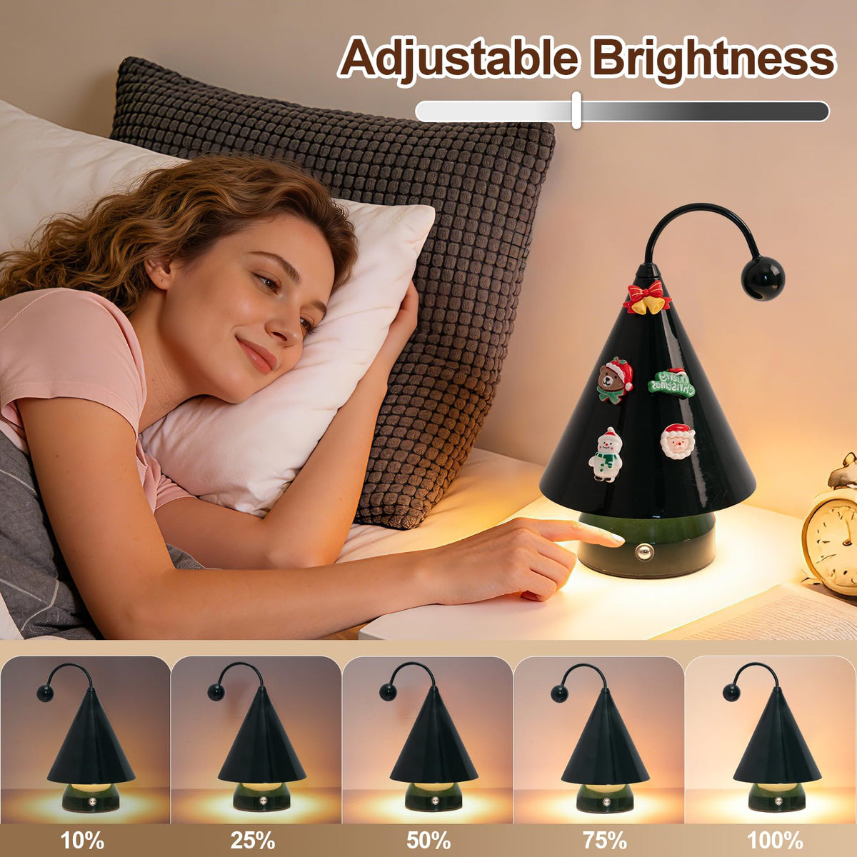 Qeipy Led Lights Cozy Home Decor Cute Christmas Tree Desk Lamp Ambient Lighting,Touch Control, Cordless Rechargeable Battery Operated,for Living Room,Bedroom,Nightstand (Black)