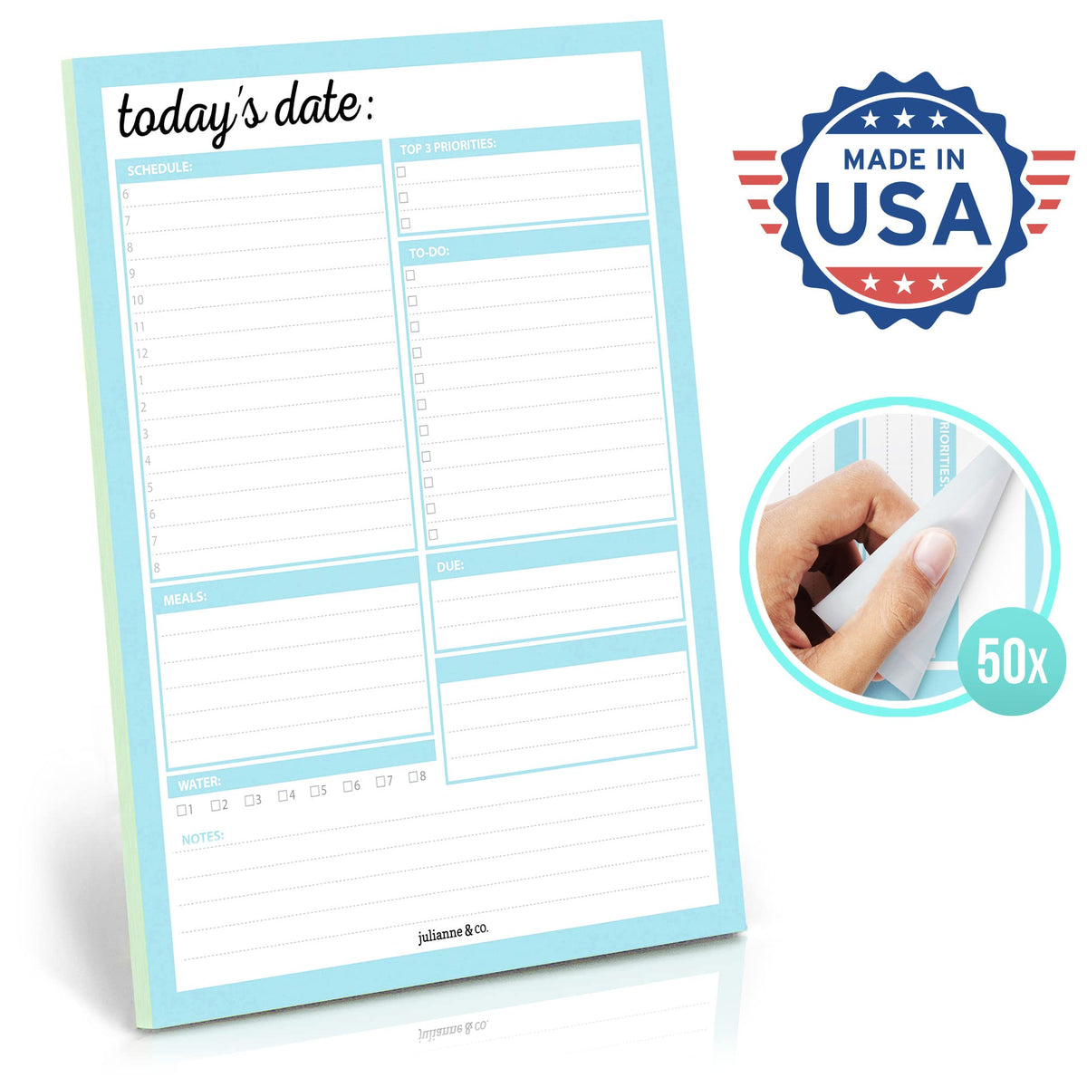 JULIANNE & CO Daily To-Do Undated Tear-Away Planner Notepads - Premium Personal Organizer for Home, Office, Work, School - 50 Pages for Daily Tasks, Notes, Water Intake and Meal Prep (8.5 x 11)