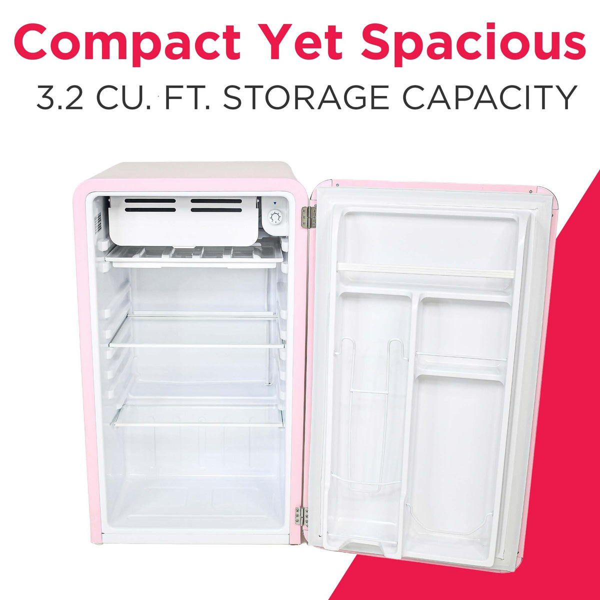 Frigidaire Retro Compact Refrigerator with Chiller, 3.2 cu ft Countertop Fridge, Built-In Bottle Opener, Rounded Corners, Premium, for Office, Bedroom, Dorm Room, Cabin, 18.5D x 20W x 31.5H (Pink)
