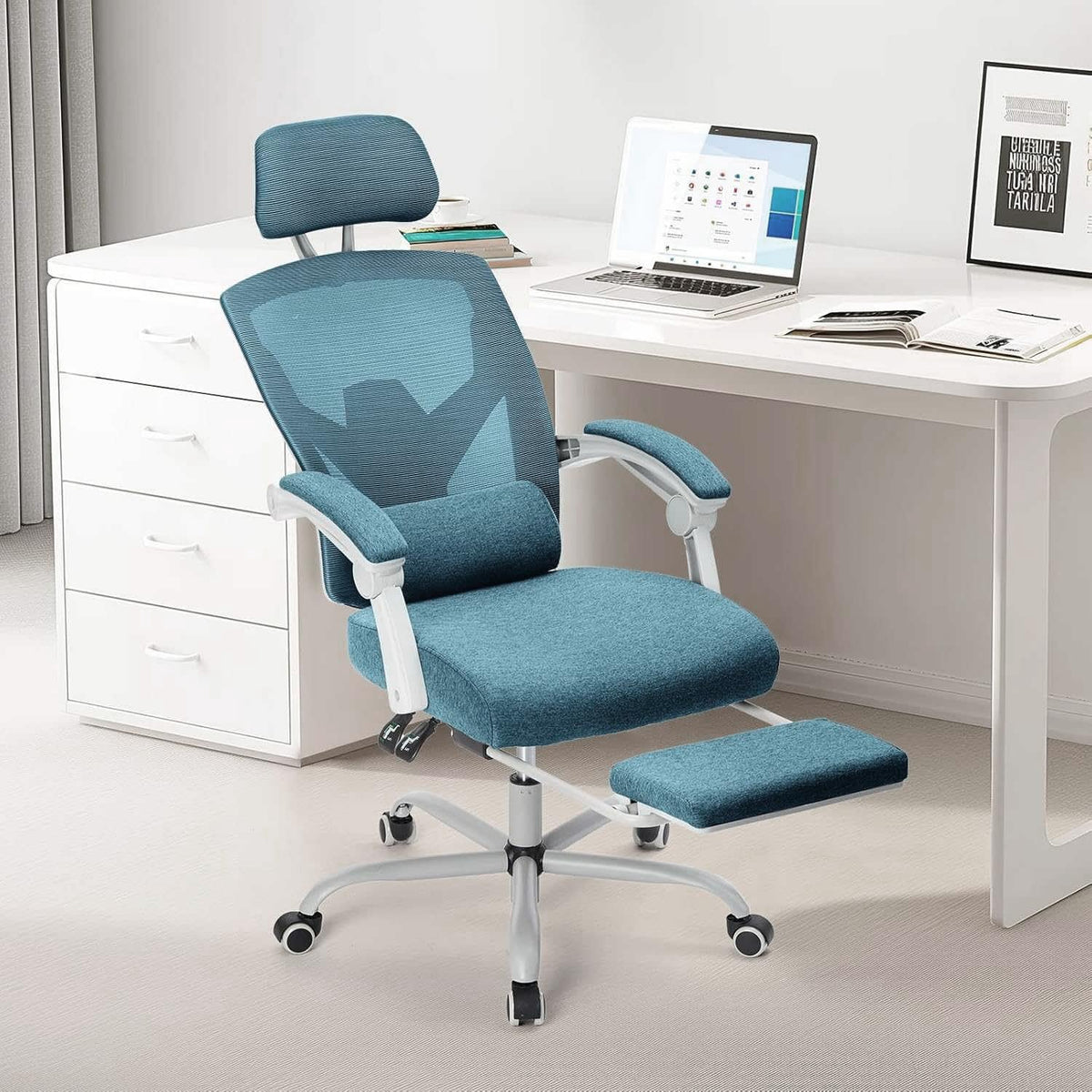 Ergonomic Office Computer Desk Chair with Lumbar Pillow and Retractable Footrest, High-Back Mesh Rolling Swivel Armchairs for Home, Gaming, Student, Blue