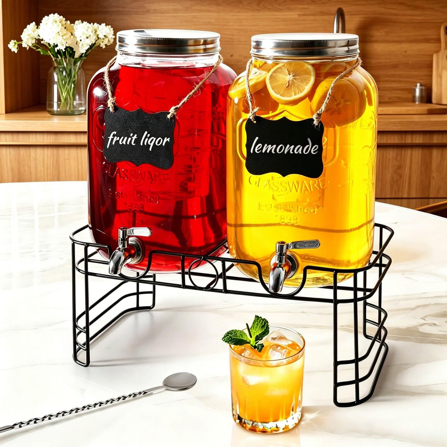 2 Gallon Drink Dispensers for Parties, 2 Pack Glass Beverage Dispenser with Stand & 18/8 Stainless Steel Spigot, Lemonade Jug for Wedding, Picnic, BBQ