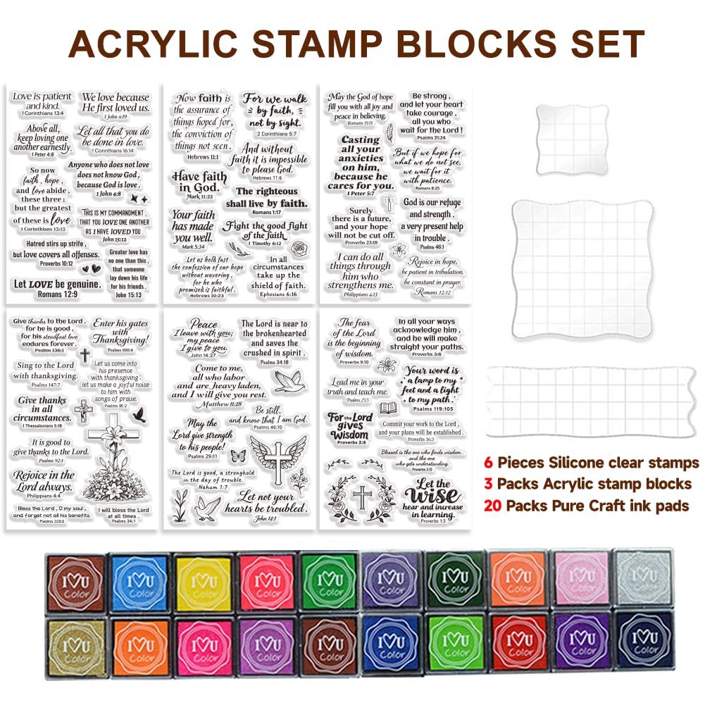 GLASSWINDS 6Pcs Christian Bible Verse Clear Stamps for Card Making Easter Blessing 20 Craft Ink Pad 3 Acrylic Stamp Block Silicone Stamp with Greeting Words Rubber Stamps for Crafting DIY Scrapbooking
