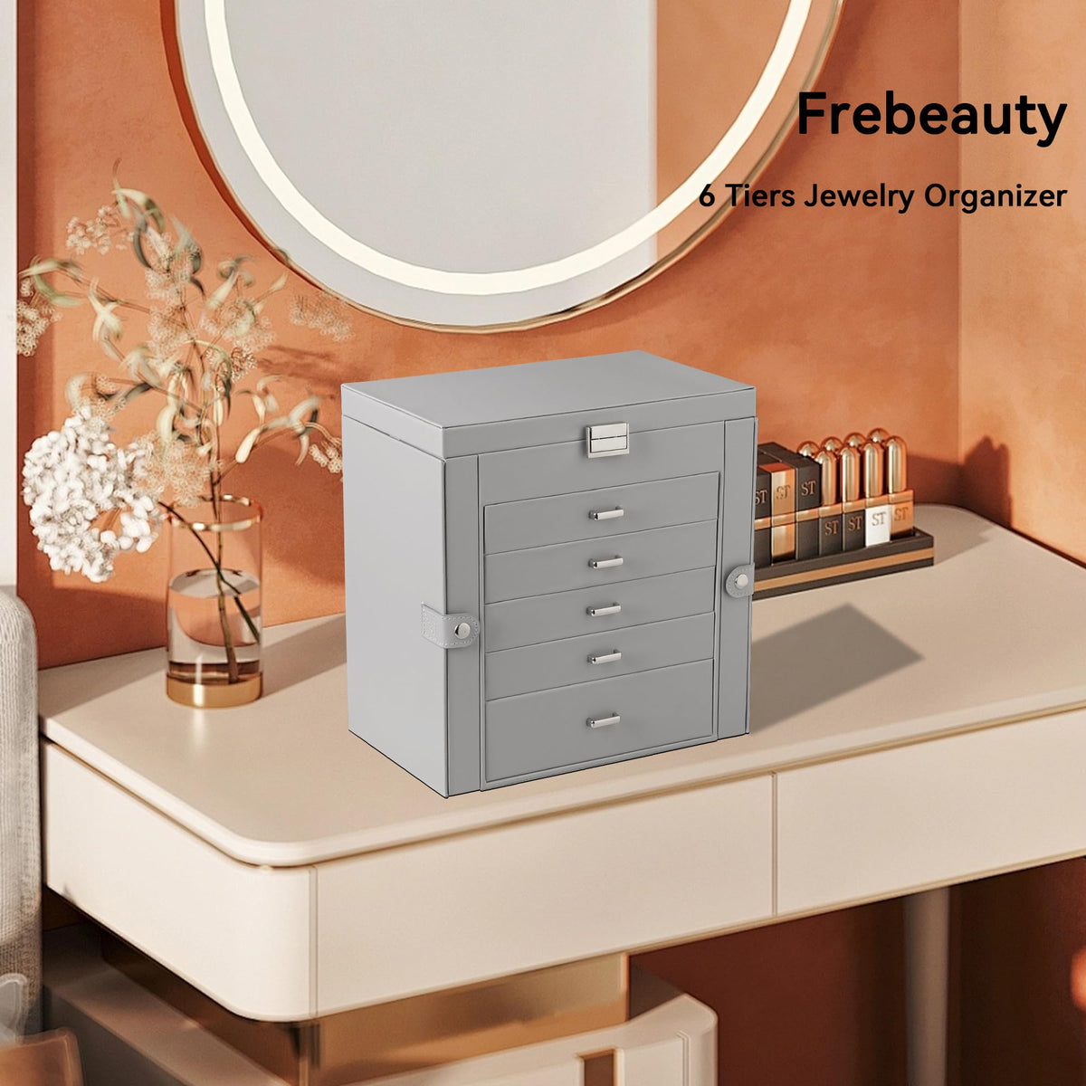 Frebeauty Large Jewelry Box,6-Tier PU Leather Jewelry Organizer,Multi-functional Storage Case with Mirror,Accessories Holder with 5 Drawers for Necklace Bracelets Watches(Grey)