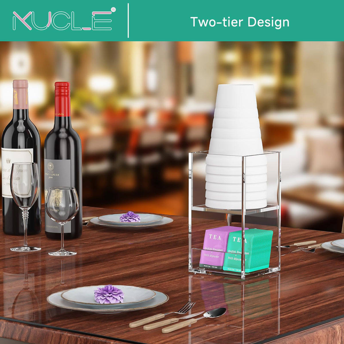 Kucle 2-Tier Coffee Station Organizer for Countertop, 2 Compartments Clear Acrylic Cup and Lid Holder Tea Condiment Storage Upright Coffee Bar Organizer Pod Dispenser for Office Breakroom Home Kitchen
