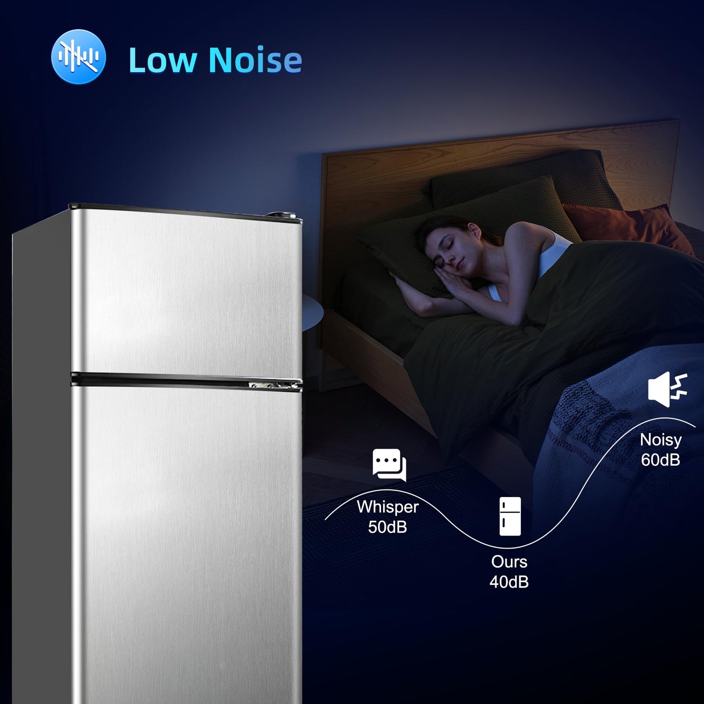 Borcolo Dorm Fridge with Freezer, Small Refrigerator 3.45 Cu. Ft. with Freezer for Apartment, 7-Level Temperature Adjustable Apartment Size Fridge for Kichen, College, Office, Silver