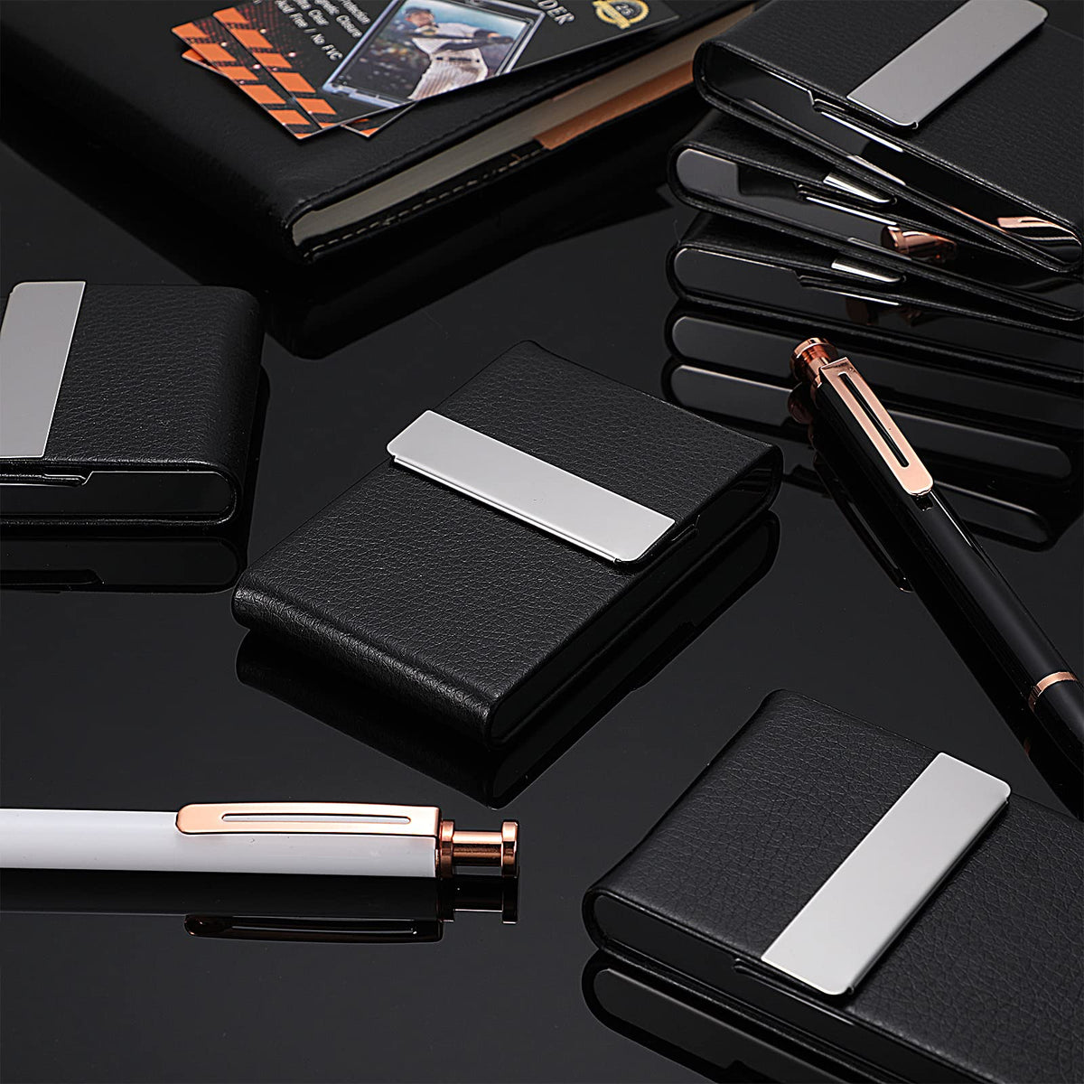 Yexiya 12 Pcs Leather Business Card Holder Case PU Leather Business Pocket Card Holders Wallet with Magnetic Closure for Men Women Office Gifts, Black