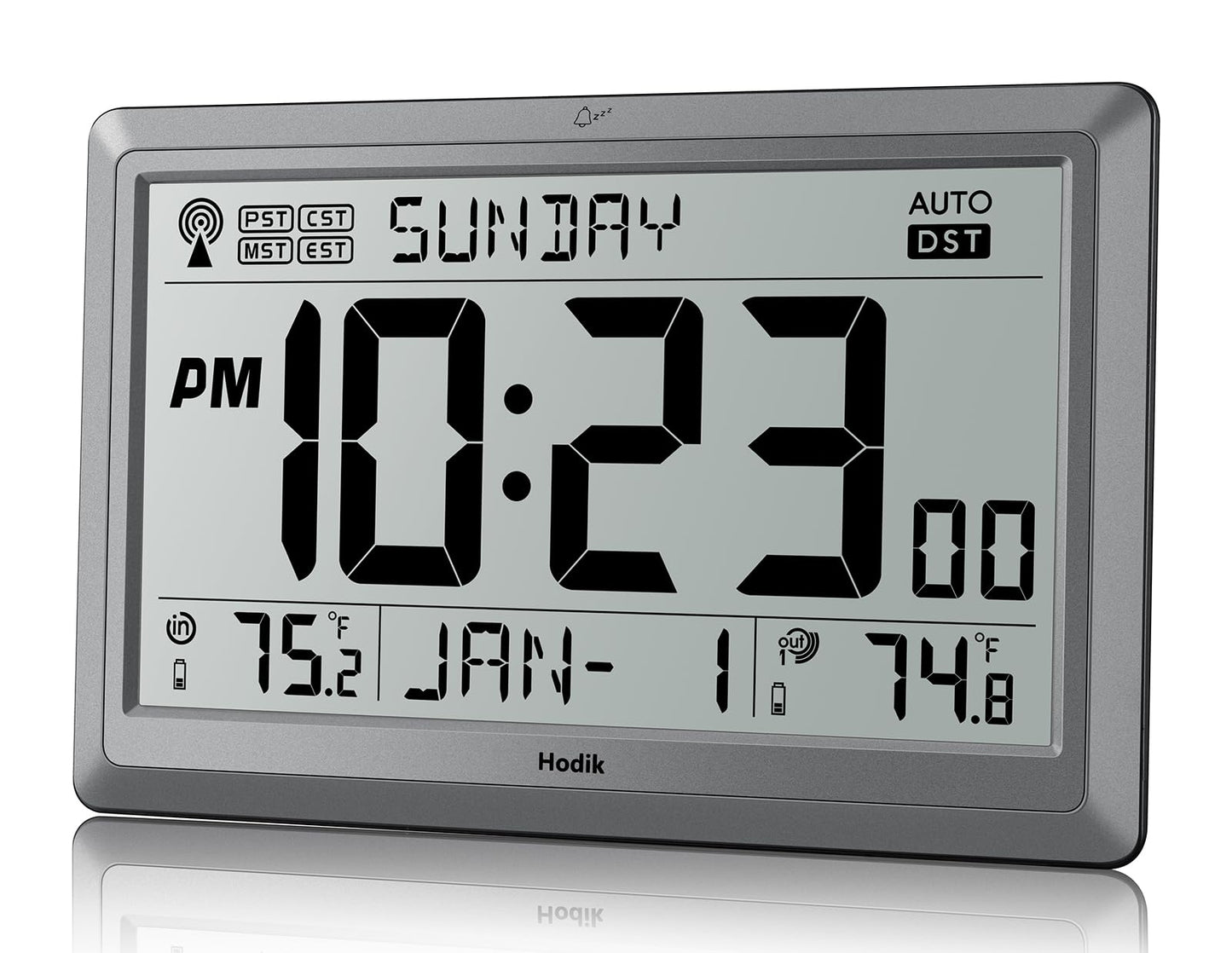 HODIK Wall Clock Atomic with Indoor Outdoor Temperature Battery Powered, Easy Reading with 10.5 Inch LCD Display, 330FT Range Table Wall Clock with DST, 12/24 Hour for Living Room Kitchen (Silver)