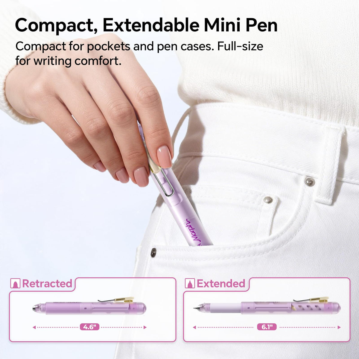 WRITECH Morph Extendable Gel Pens: 0.7mm Medium Point Black Ink Pocket-to-Full-Size Design Translucent Soft Grip Barrel Includes 2 Pens and 2 Refills Dual-Length Pocket Pen 4.6" to 6.1"