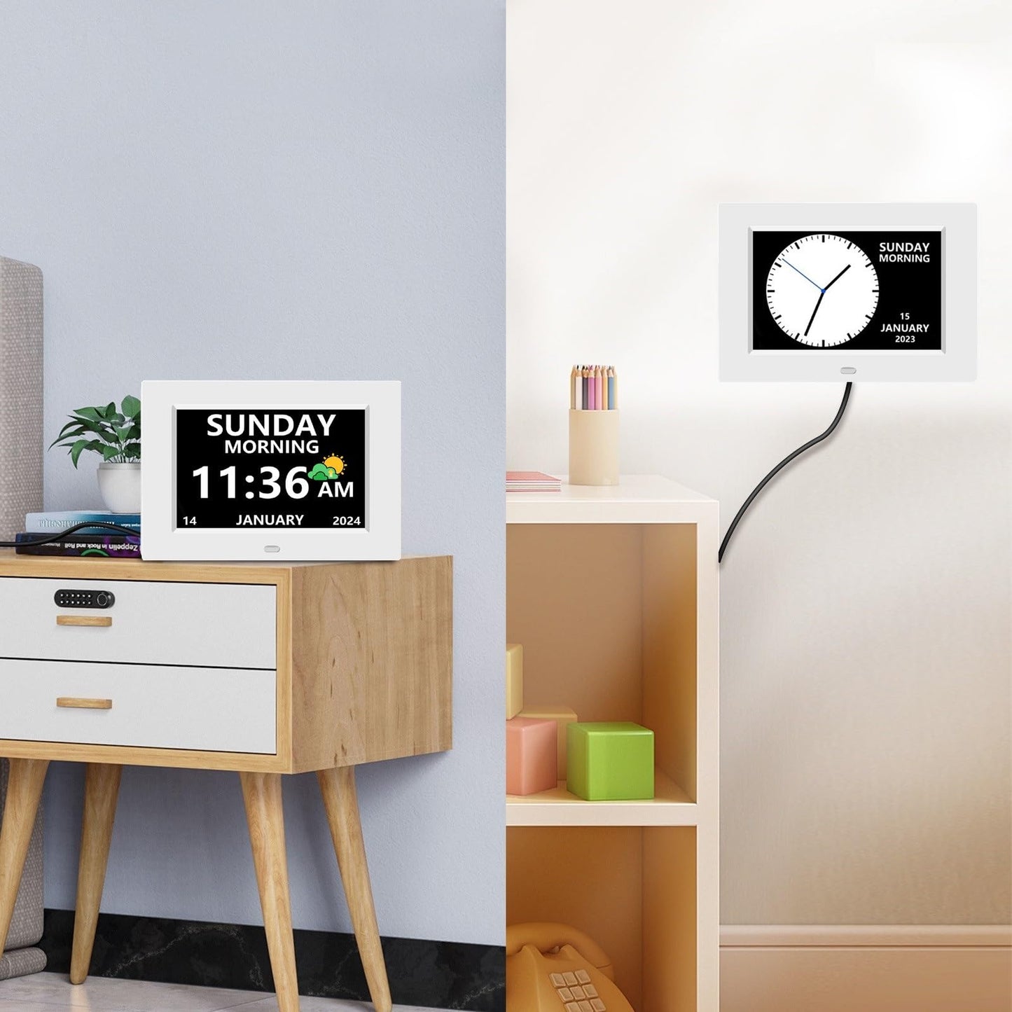 LXBYJKJ 7 Inch Digital Clock with Day and Date for Elderly Alzheimer's Clock Customizable Alarms 3 Display Modes Large Font Alarm Clock for Seniors Auto DST White