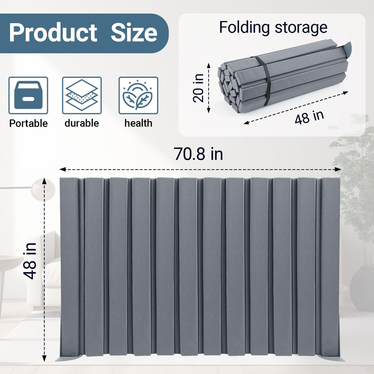 AmazingSpark 1 Pcs 48" X 6' Soundproof Room Divider Panel, Foldable Acoustic Partition Wall with Stand and Straps, Freestanding Privacy Screen for Office Study Bedroom Studio Library (Grey)
