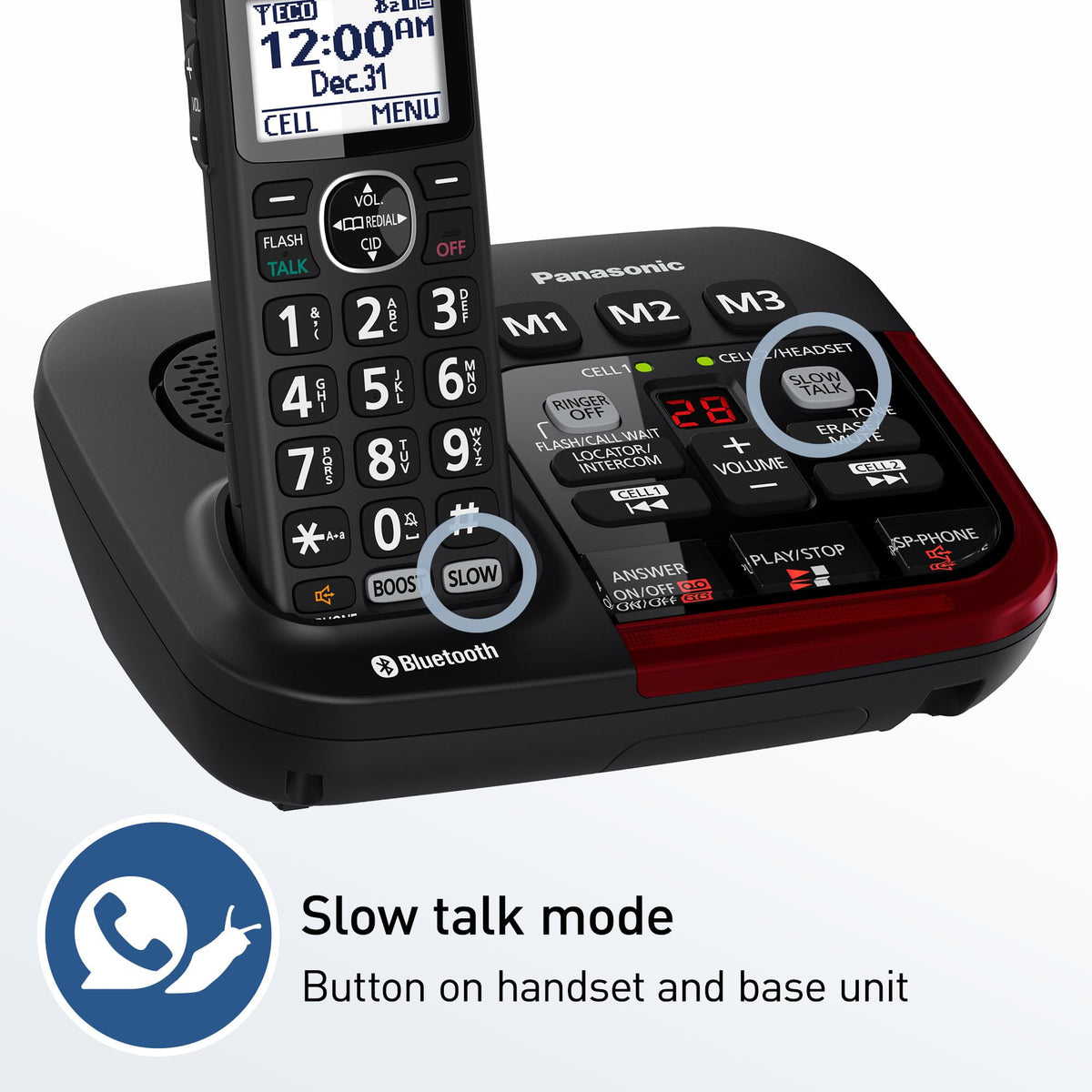 Panasonic 1 Handset Amplified Cordless Phone with Slow Talk, 40dB Volume Boost, 100dB Lound Visual Ringer, Hearing Aid Compatibility, Large Screen and Backlit Keypad, Link2Cell - KX-TGM430B (Black)