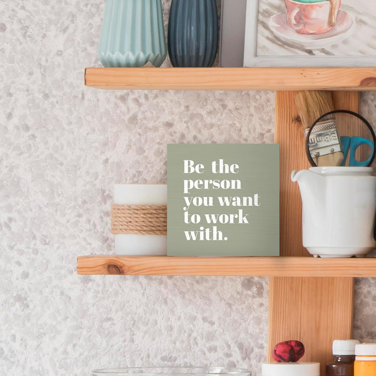 Luipk Be The Person You Want to Work With Inspirational Wood Box Sign Desk Decor 5X5, Teamwork Motivational Green Wooden Block Sign Decorations for Home Office Workplace Wall Tabletop Shelf