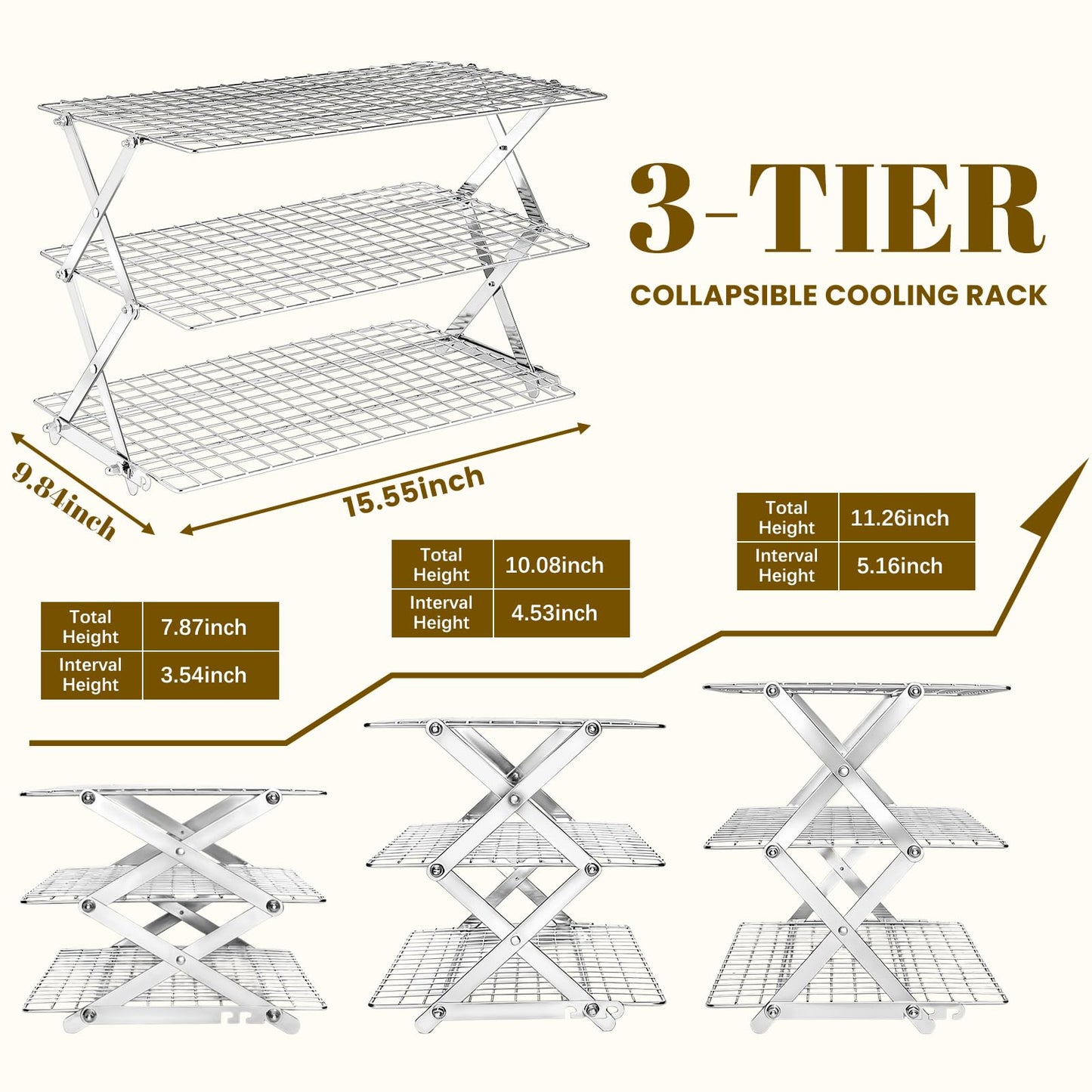 BEWOS 3-Tier Collapsible Cooling Rack - Adjustable Stainless Steel Baking Rack with X-Shaped Design and Leak-Proof Mesh Surface, Mirror Polished & Dishwasher Safe Cooling Rack