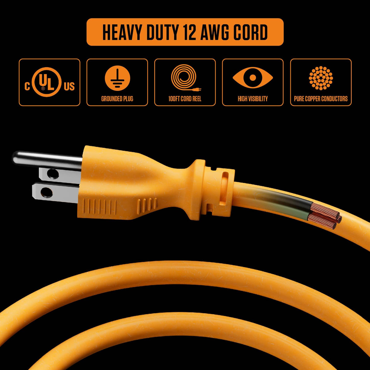 Masterplug 100ft Cord Reel, Metal Cable Drum, Retractable Extension Lead with Winding Handle, Safety Overload Circuit Breaker and Power Switch, 4x Grounded Outlets, 15amps, 12AWG Cable