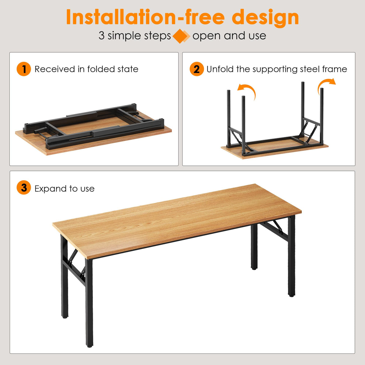 Need Folding Computer Desk, Large 60 inches Folding Table for Home Office, No Install Needed Foldable Writing Table Long Desk, Space-Saving, Teak and Black