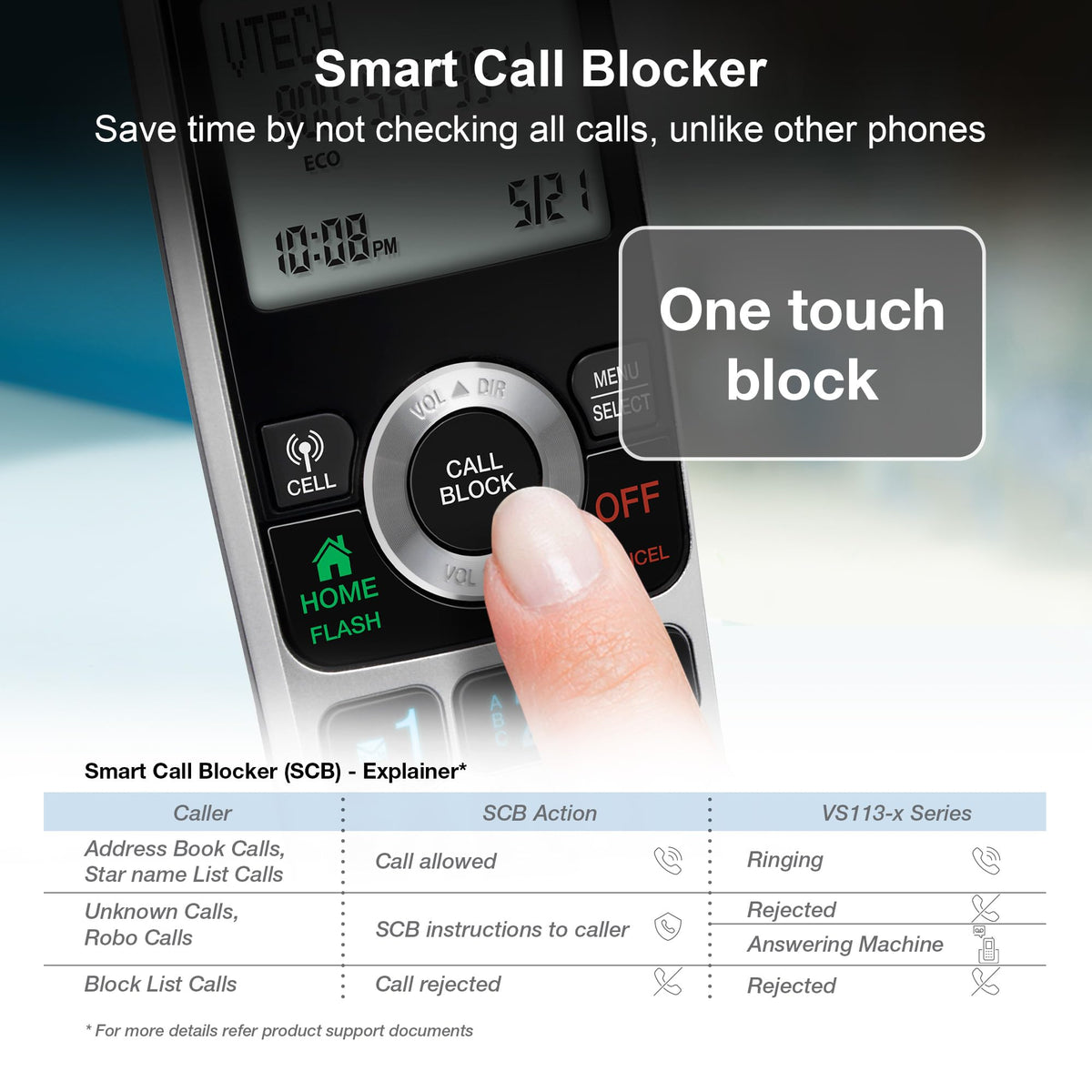 VTech VS113-5 Extended Range 5 Handset Cordless Phone for Home with Call Blocking, Connect to Cell Bluetooth, 2" Backlit Screen, Big Buttons, and Answering System, Silver & Black